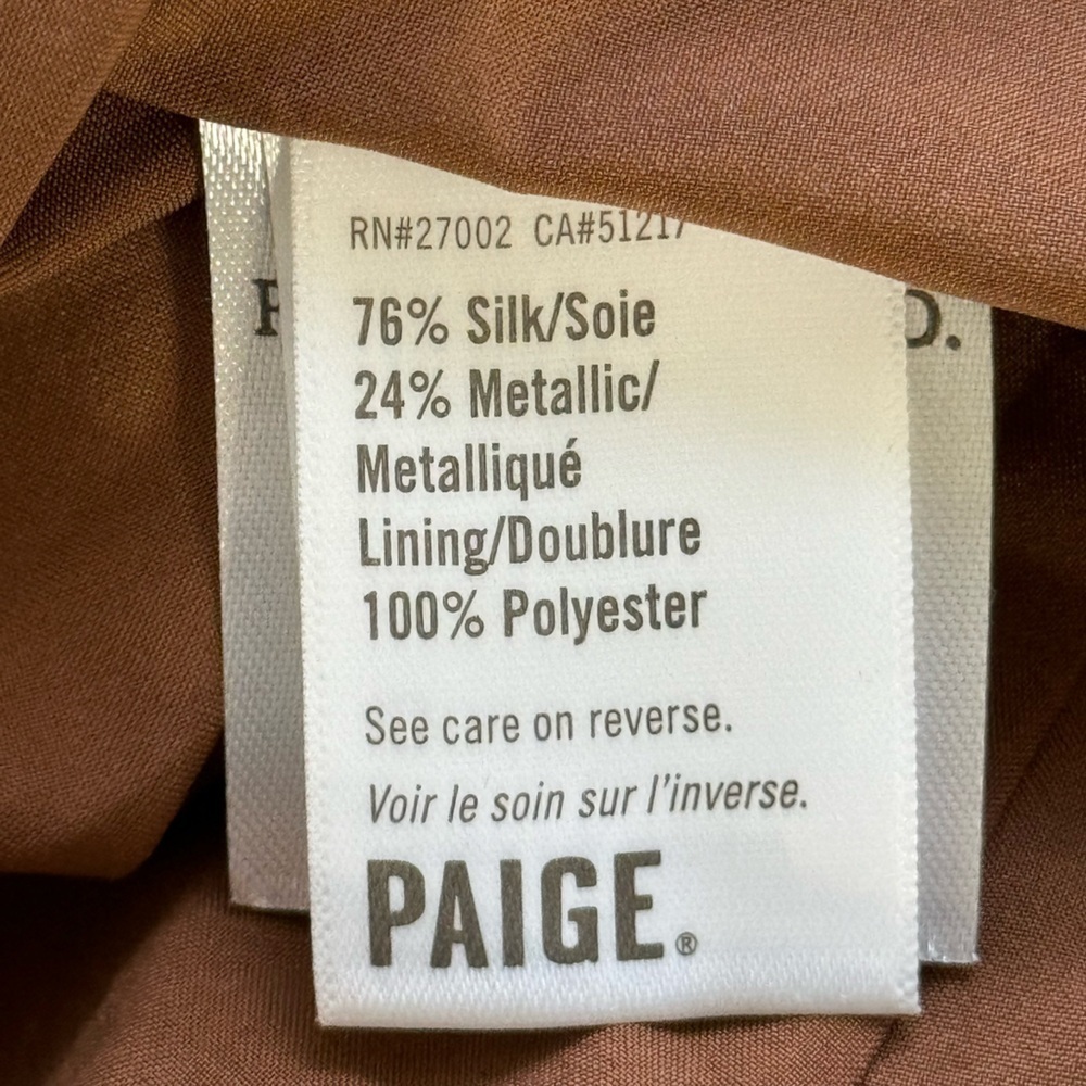 PAIGE Metallic Silk Blend Puff Sleeve Mini Dress Gold Bronze Ruffle Hem - Picture 6 of 10